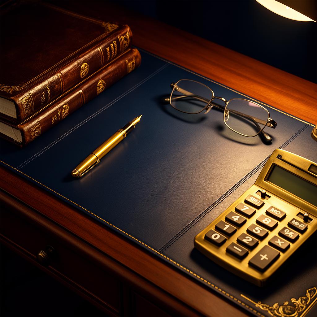 Classic accountant's desk with leather ledgers, gold pen and brass calculator