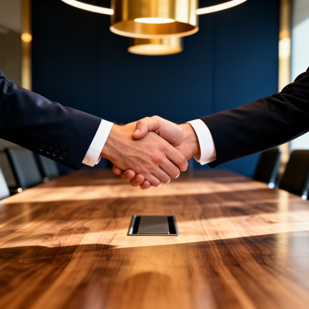 Handshake across a conference table